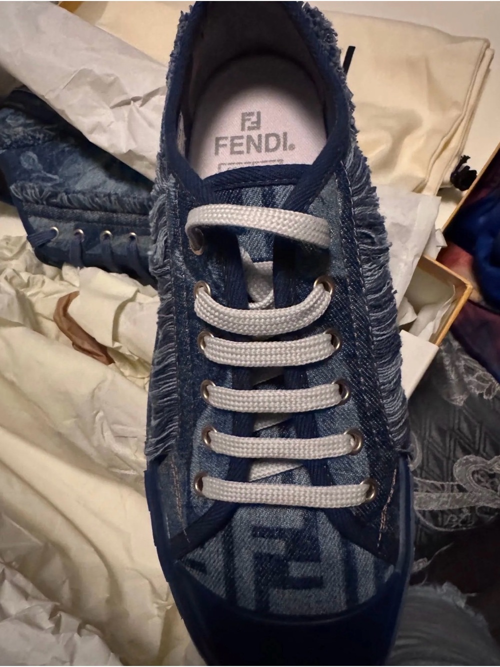 Fendi Blue Denim Domino Sneaker Box Label with Illustration